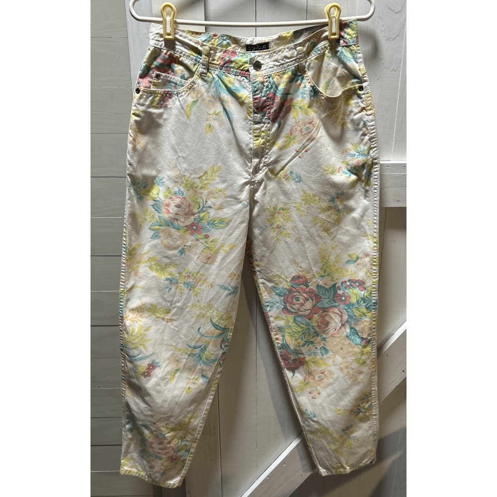 Vintage Bonjour Jean Co Floral Cotton Pants Women's 29x28 White Pastel 80s